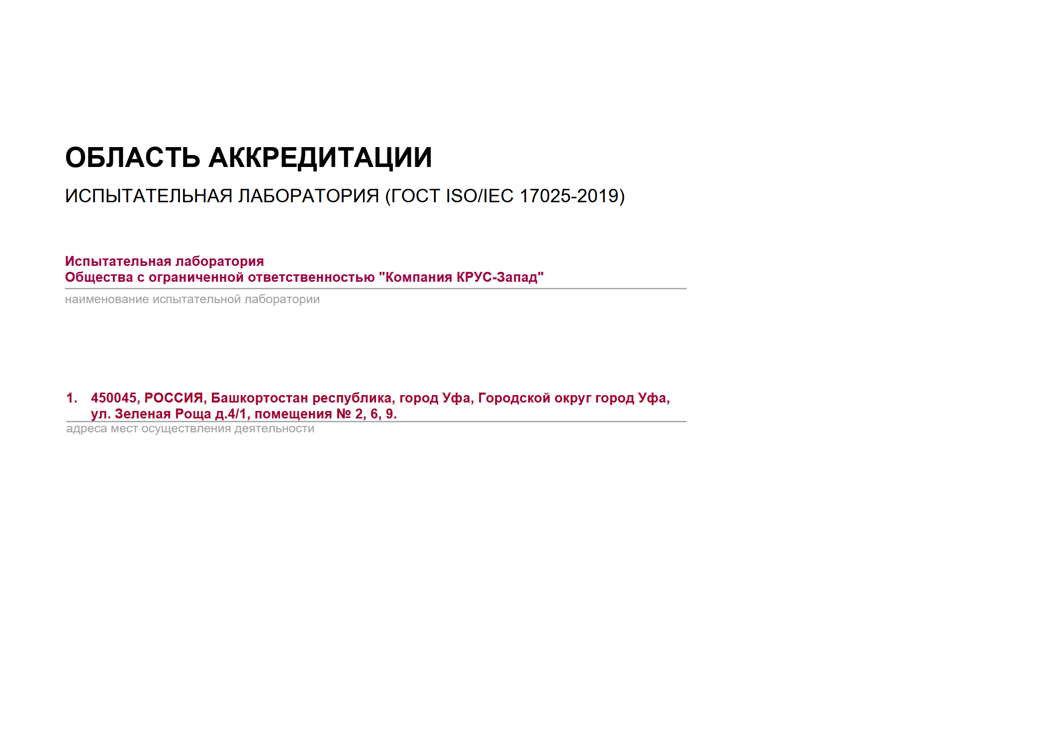 Область аккредитации ИЛ
